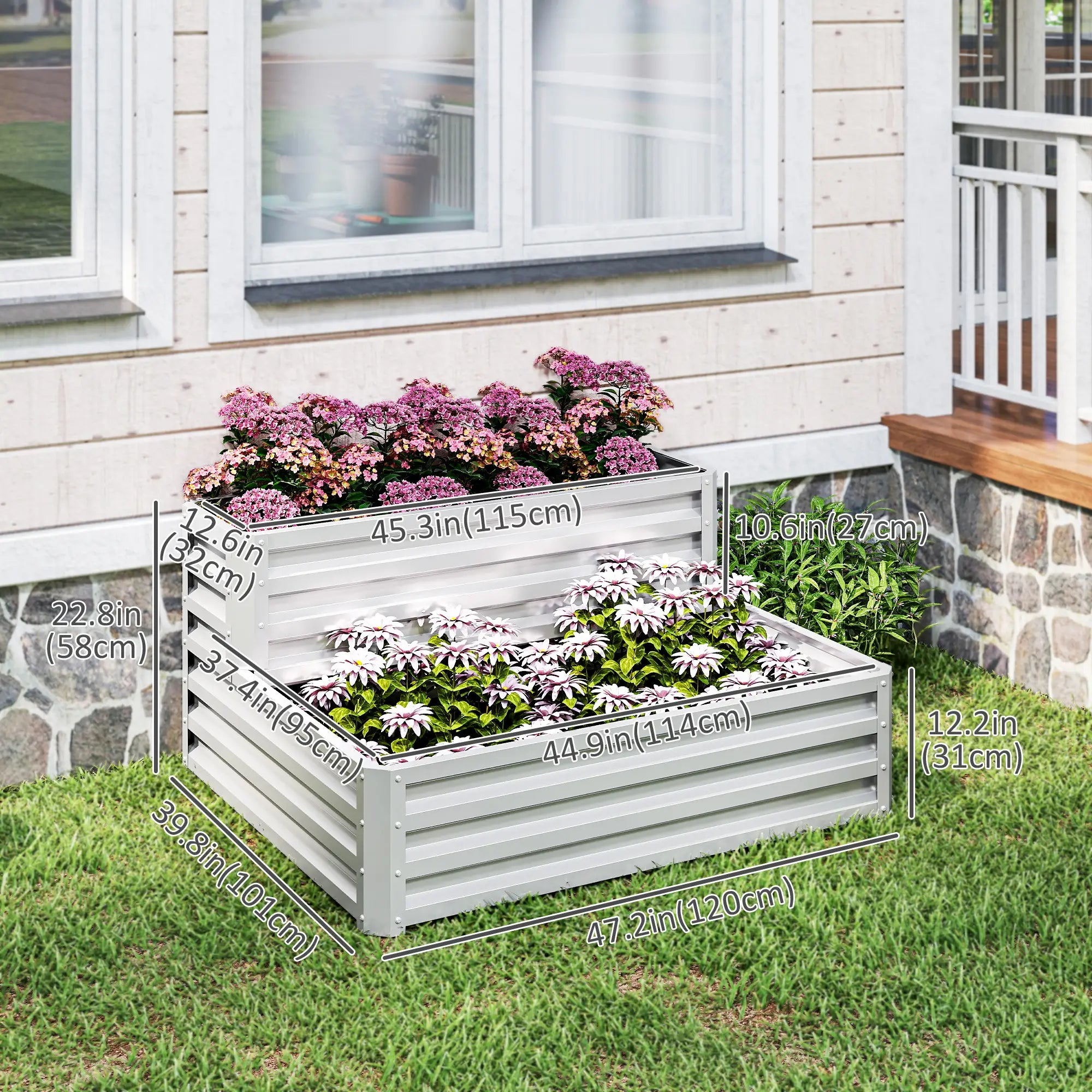 2 Tier Galvanized Raised Garden Bed, Steel Planter Box, 47