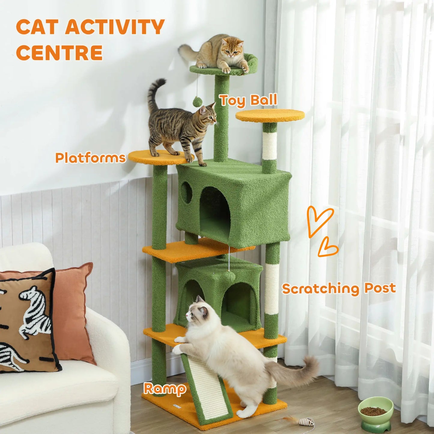 63" Cat Tree, Multi-Level Tower, Scratching Posts, Condos, Bed, Green Multi-Level Cat Towers at Gallery Canada