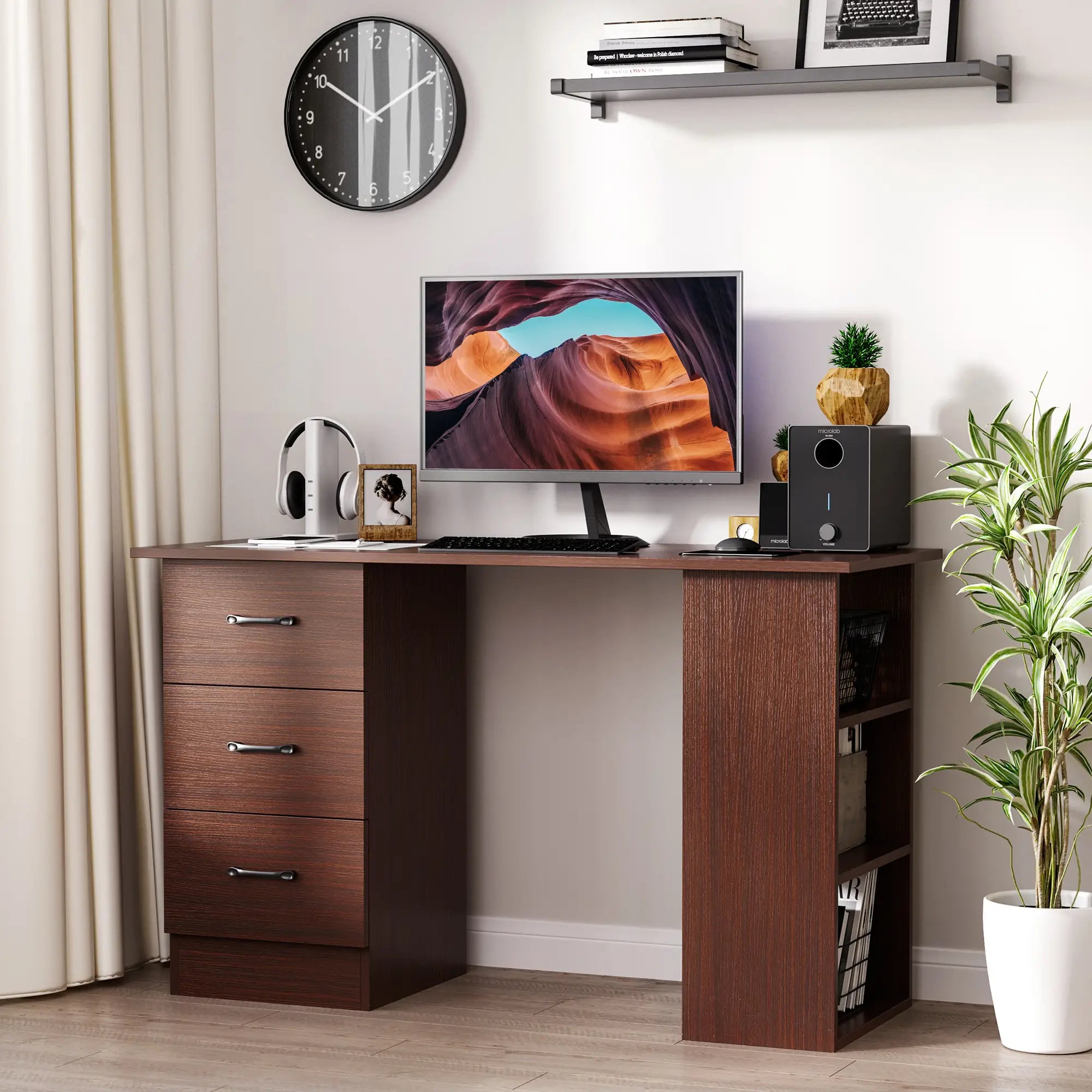 47 Inches Office Desk, 3-Tier Storage Shelves, Drawers, Walnut Writing Desks at Gallery Canada