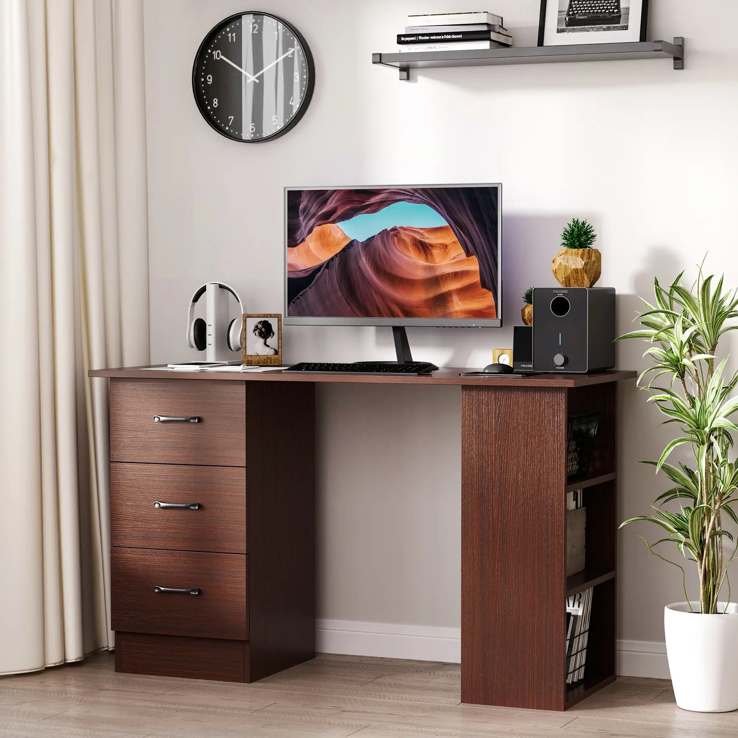 47 Inches Office Desk, 3-Tier Storage Shelves, Drawers, Walnut Writing Desks at Gallery Canada