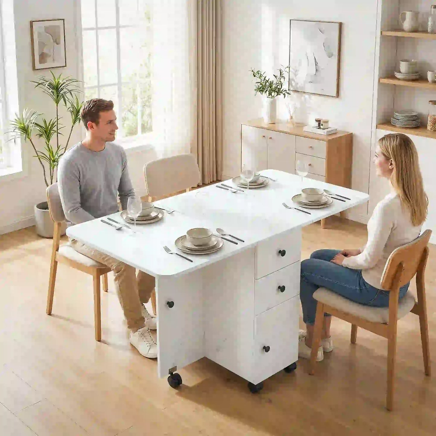 Drop Leaf Dining Table, Mobile Folding Table With Drawers, Marble White, White Dining Tables at Gallery Canada