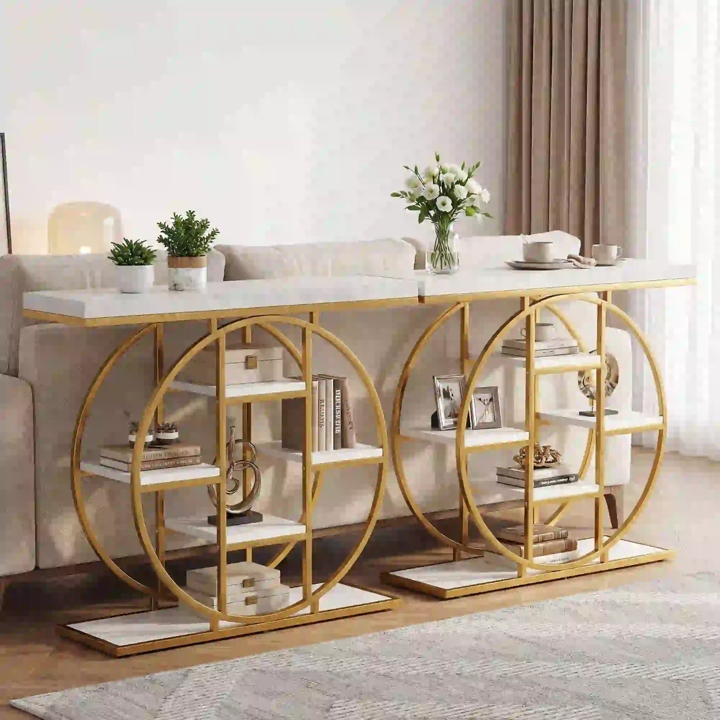 39.4" Console Table With Storage Shelves, White Marble Effect, White Console Tables at Gallery Canada