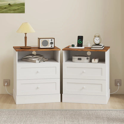 Nightstand with Charging Station 2 Drawers Bedside Table Set of 2 White and Oak