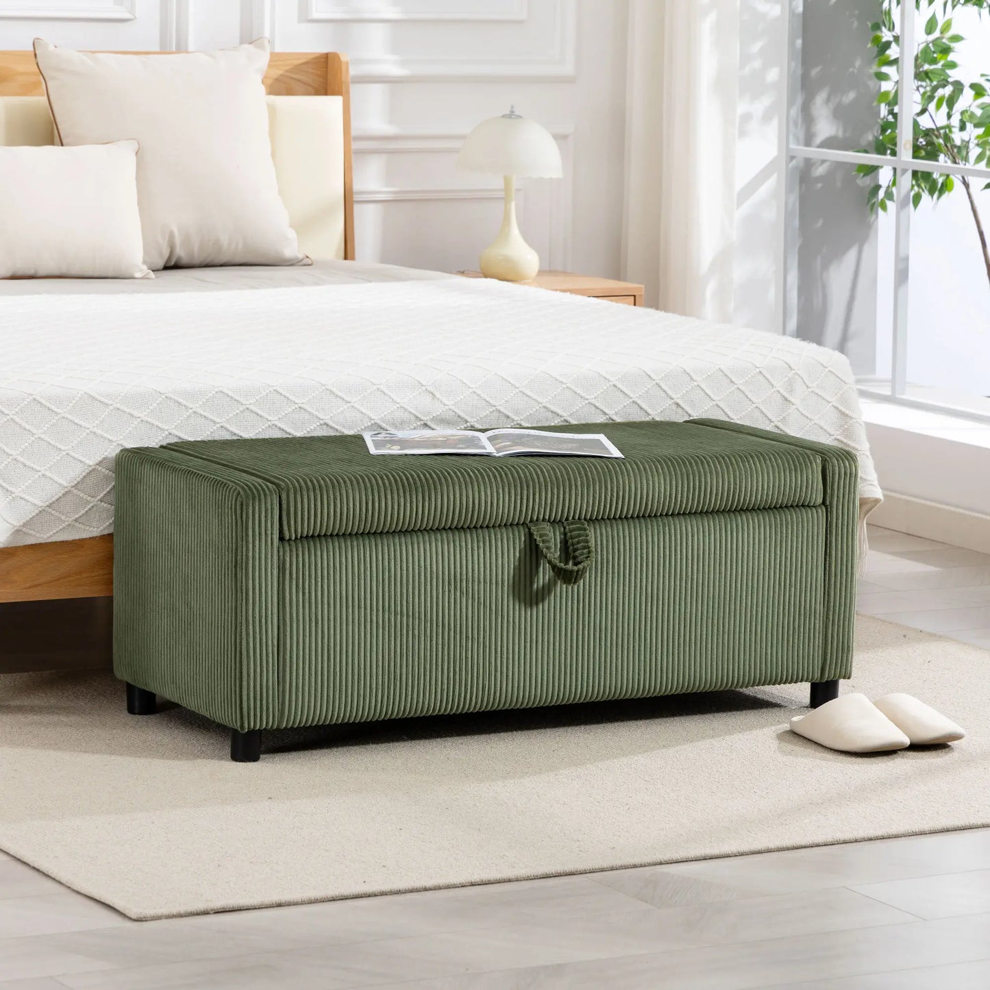 Storage Ottoman, Upholstered Corduroy Bench, Dark Green Storage Ottomans & Benches at Gallery Canada