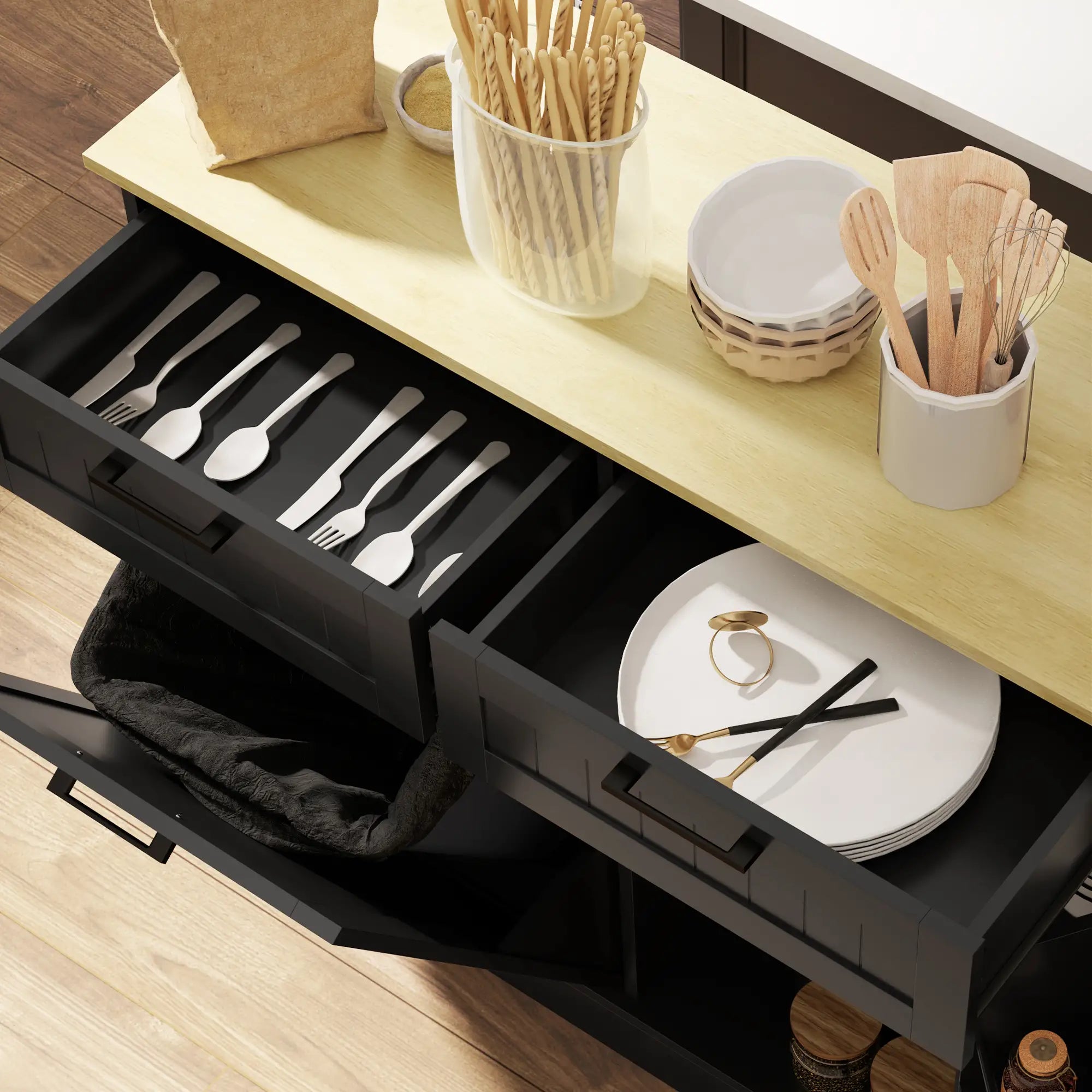 10 Gallon Hidden Garbage Bin Cabinet, Tilt Out Trash, 2 Drawers, Black Bar Cabinets at Gallery Canada