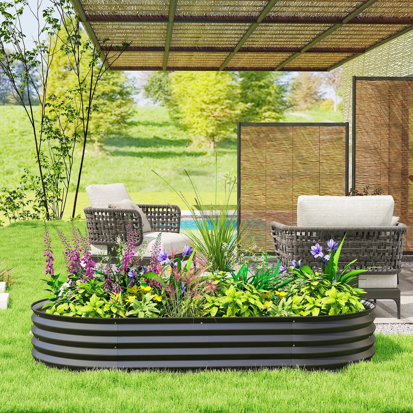 6' x 3' x 1' Lit de jardin surélevé galvanisé, Tuteur de plante métallique, Noir