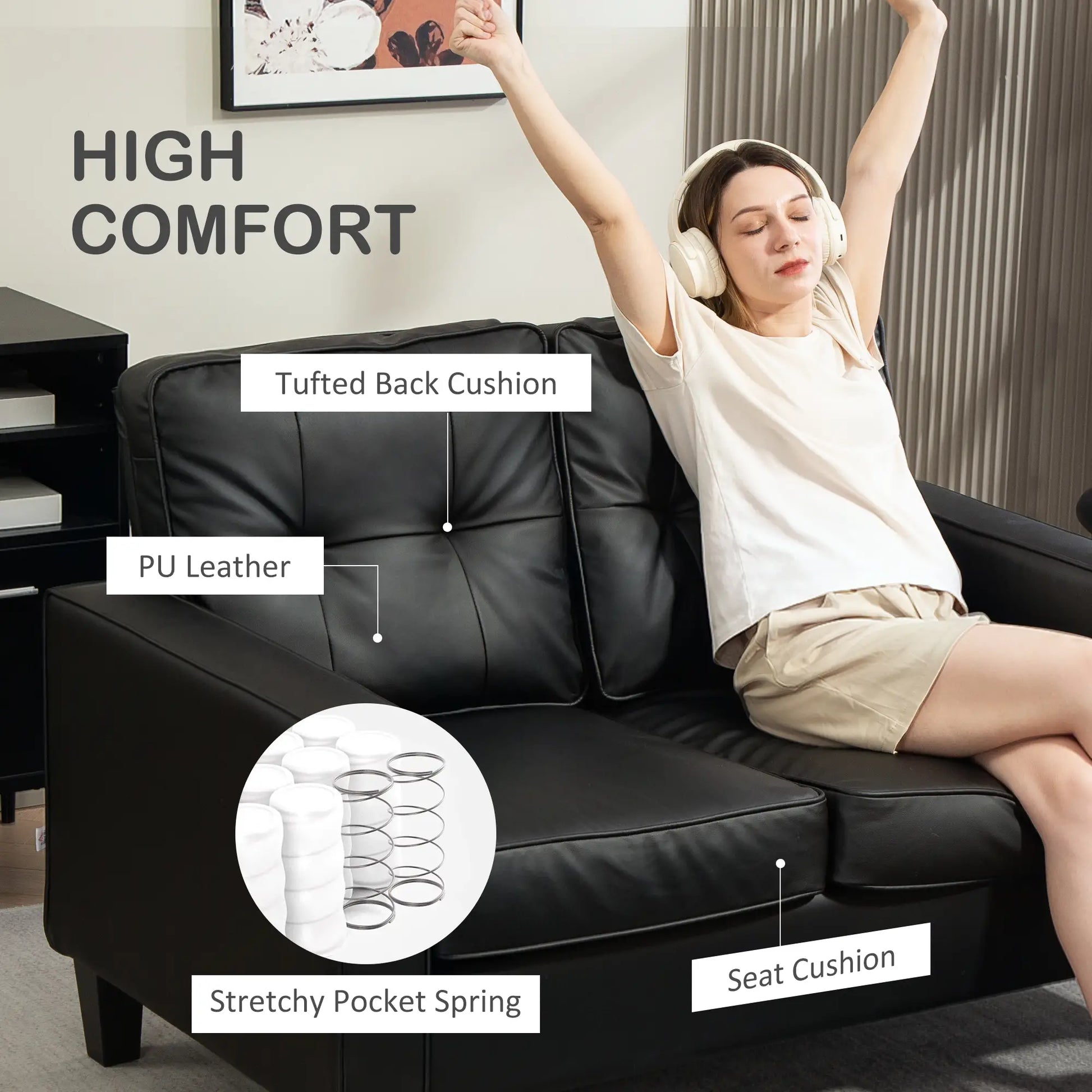 51" Double Sofa Couch, Upholstered PU Leather, Tufted Backrest, Black 2-Seater Sofas at Gallery Canada