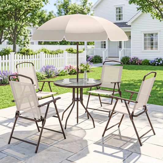 6 Piece Outdoor Dining Set For 4 With Umbrella, Cream Outdoor Dining Sets Cream at Gallery Canada