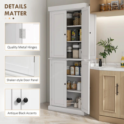72.5" Freestanding Kitchen Pantry, 4 Doors, White Kitchen Pantry Cabinets at Gallery Canada