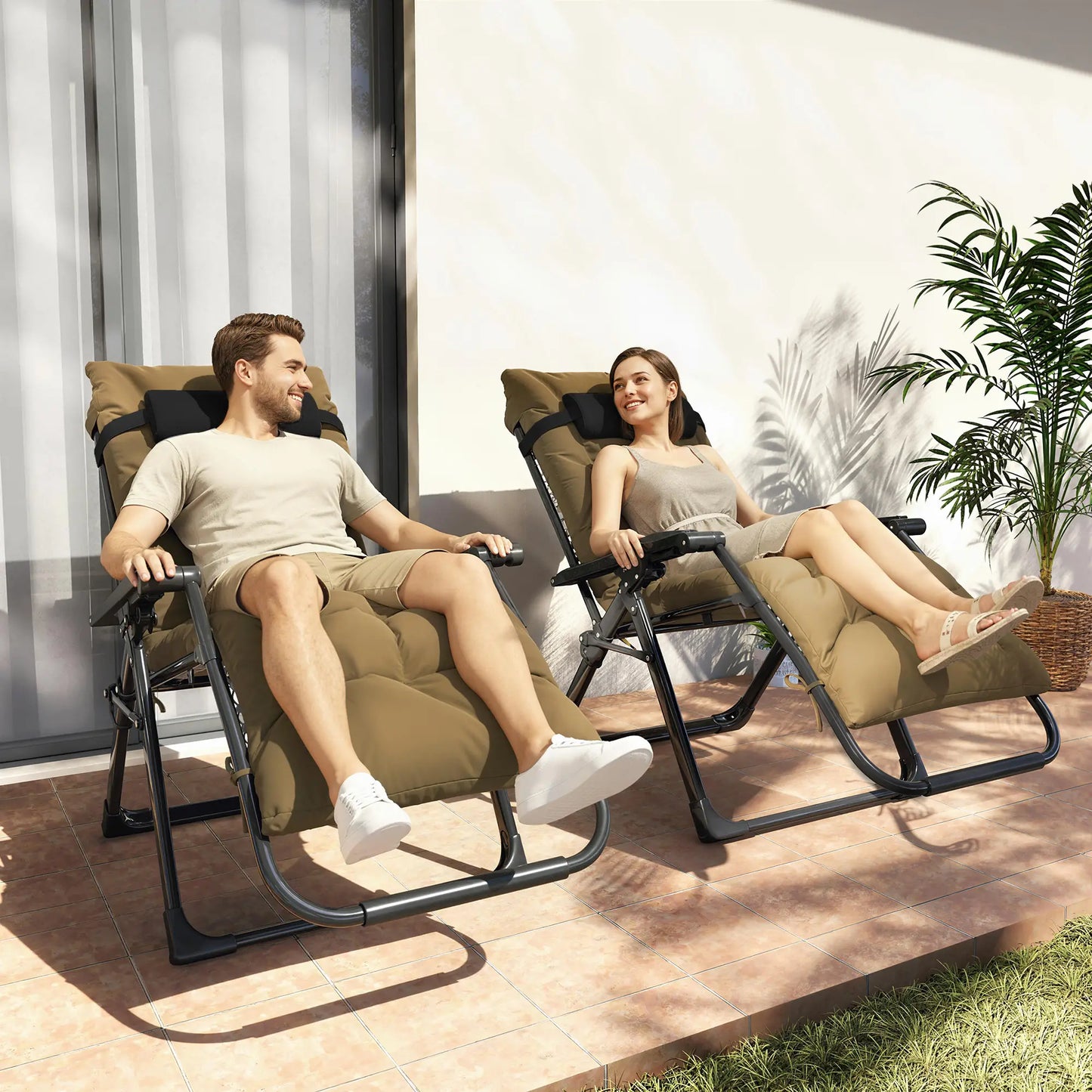 Folding Garden Chairs Set Of 2, Reclining Zero Gravity, Khaki Lounger Chairs at Gallery Canada