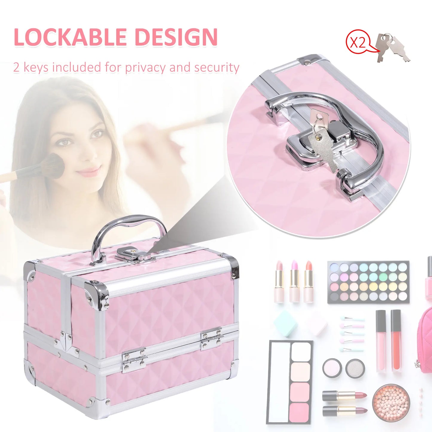 3 Tier Diamond Texture Makeup Case, Cosmetic Organizer with Mirror, Pink Makeup Cases at Gallery Canada