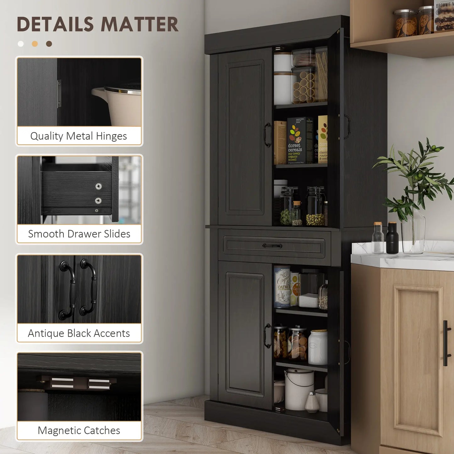 71" Freestanding Kitchen Pantry, 4 Doors 2 Cabinets, Distressed Black, Black Kitchen Pantry Cabinets at Gallery Canada