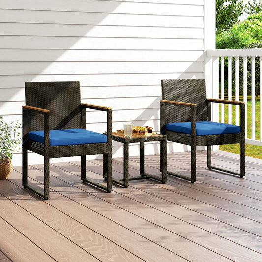 3-Piece Wicker Patio Set, Rattan Bistro, Acacia Table, Dark Blue Bistro Sets Dark Blue at Gallery Canada