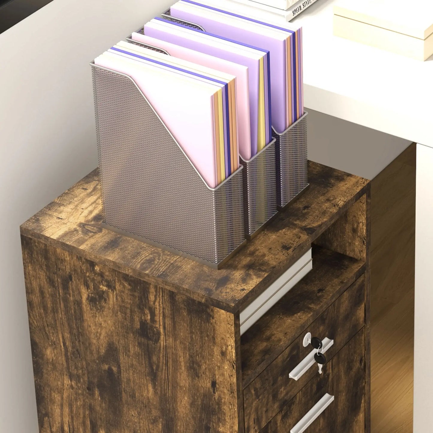 Small 2-Drawer Filing Cabinet, Lockable, on Wheels, Rustic Brown Office Cabinets & Cupboards at Gallery Canada