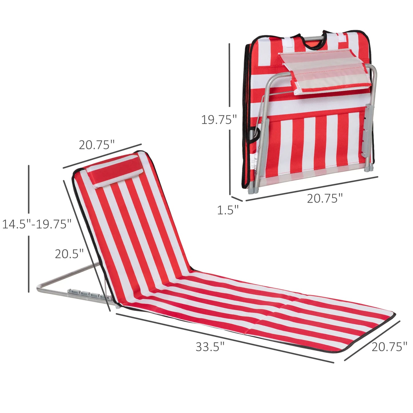 Beach Lounge Chair Set, Folding Mat w/ Adjustable Back, Steel Frame, Head Pillow, Carry Bag, Red and White Beach Accessories at Gallery Canada