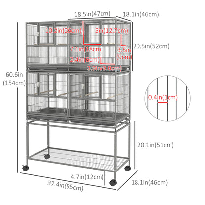 61"H Divided Breeder Bird Cage, Rolling Stand, Removable Tray, Dark Grey Bird Cages at Gallery Canada