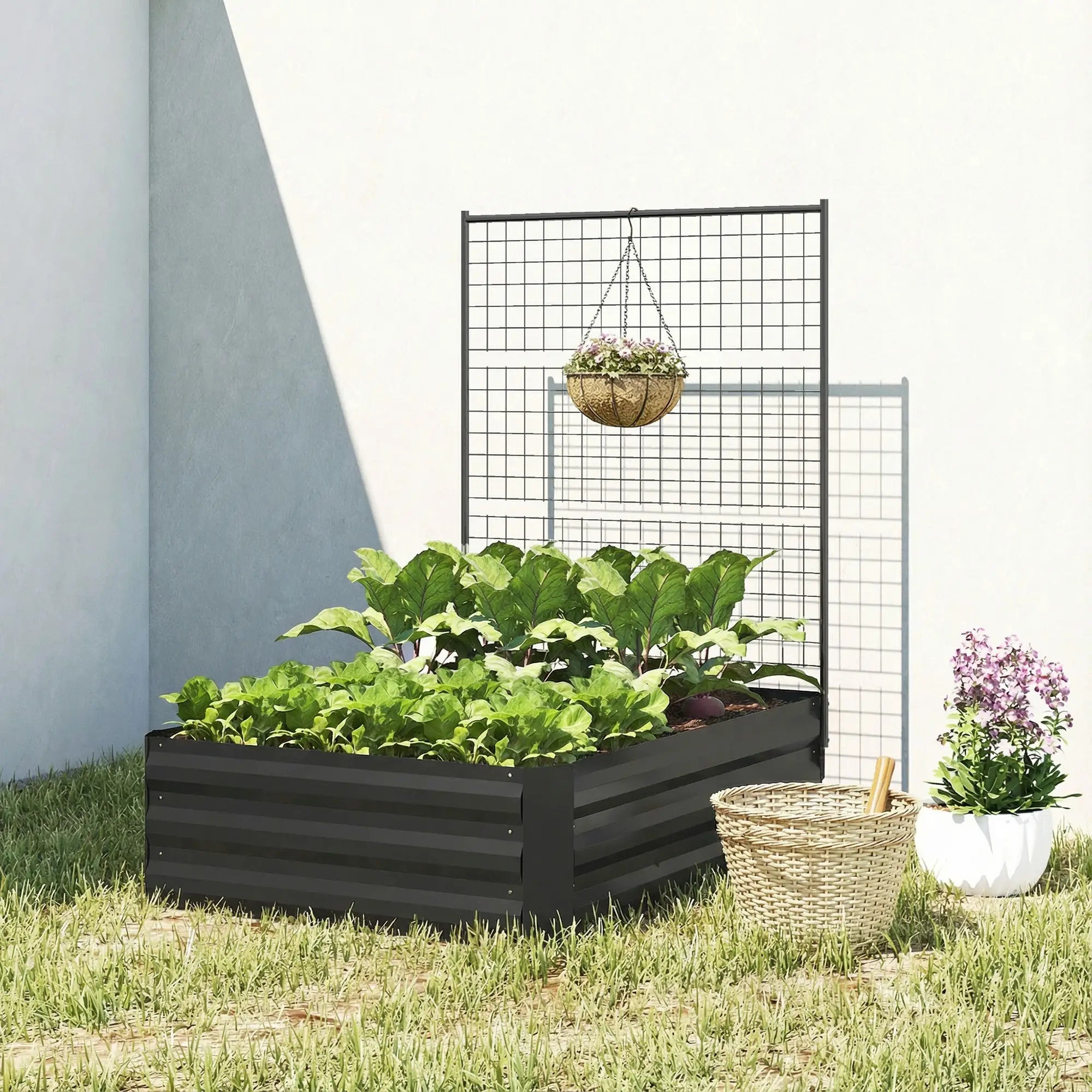Galvanized Raised Garden Bed With Trellis, Open Bottom Planter Box, Black Galvanized Planter Boxes at Gallery Canada