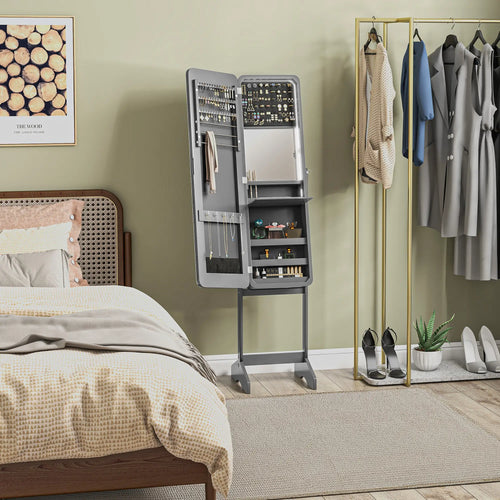 Standing Mirror Jewelry Cabinet, LED Lights, Angle Adjustable, Grey
