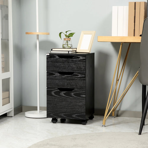 3 Drawer Vertical Filing Cabinet, Mobile Under Desk Storage, Wood Grain, Black