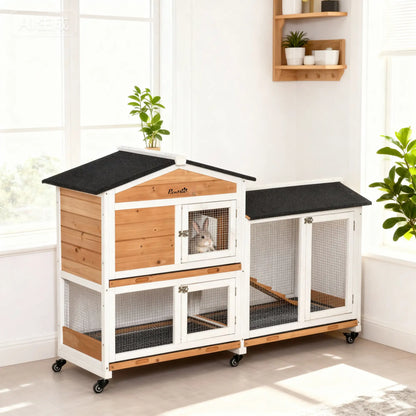 62" Wooden Rabbit Hutch with Wheels, Run Box, Tray, Ramp, Yellow Rabbit Hutch at Gallery Canada