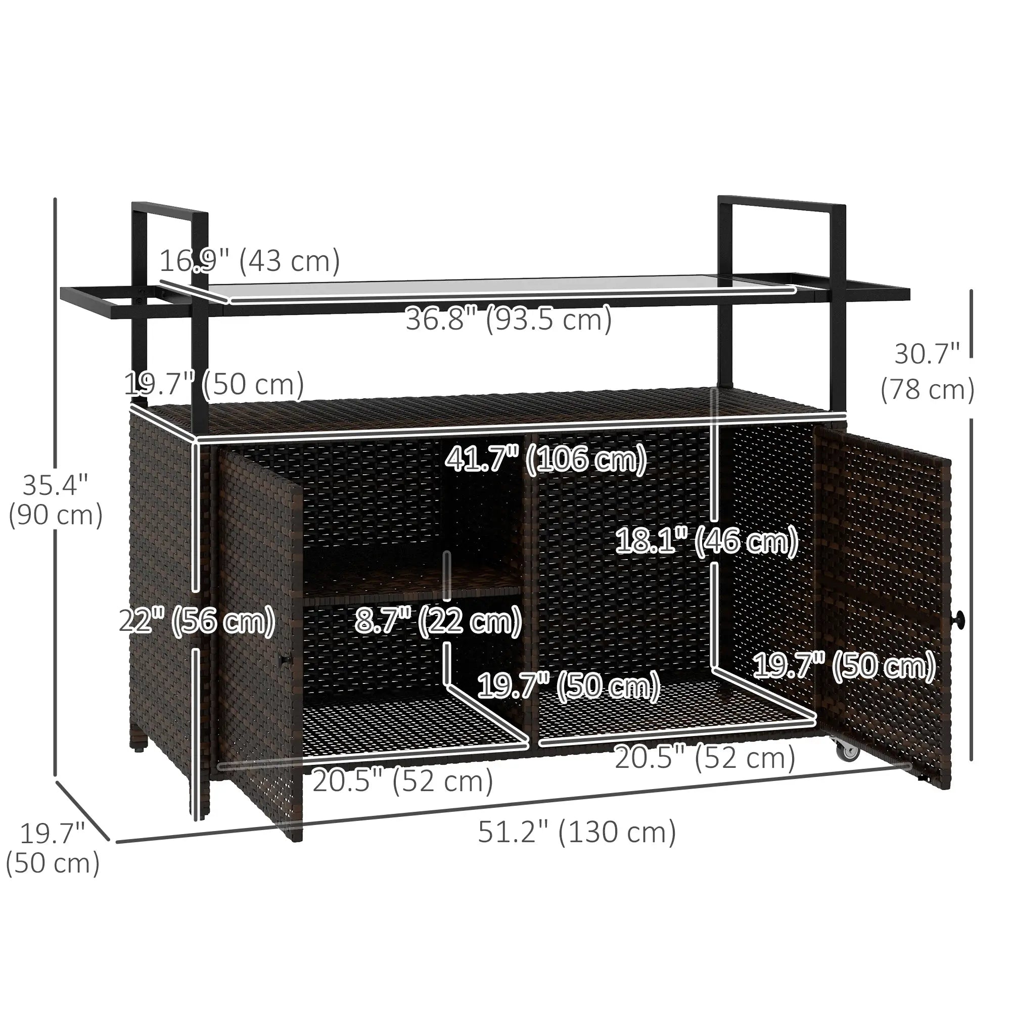 2-Tier PE Rattan Bar Cart, Glass Top Outdoor Kitchen Island, Mixed Brown, Brown Kitchen Islands & Kitchen Carts at Gallery Canada