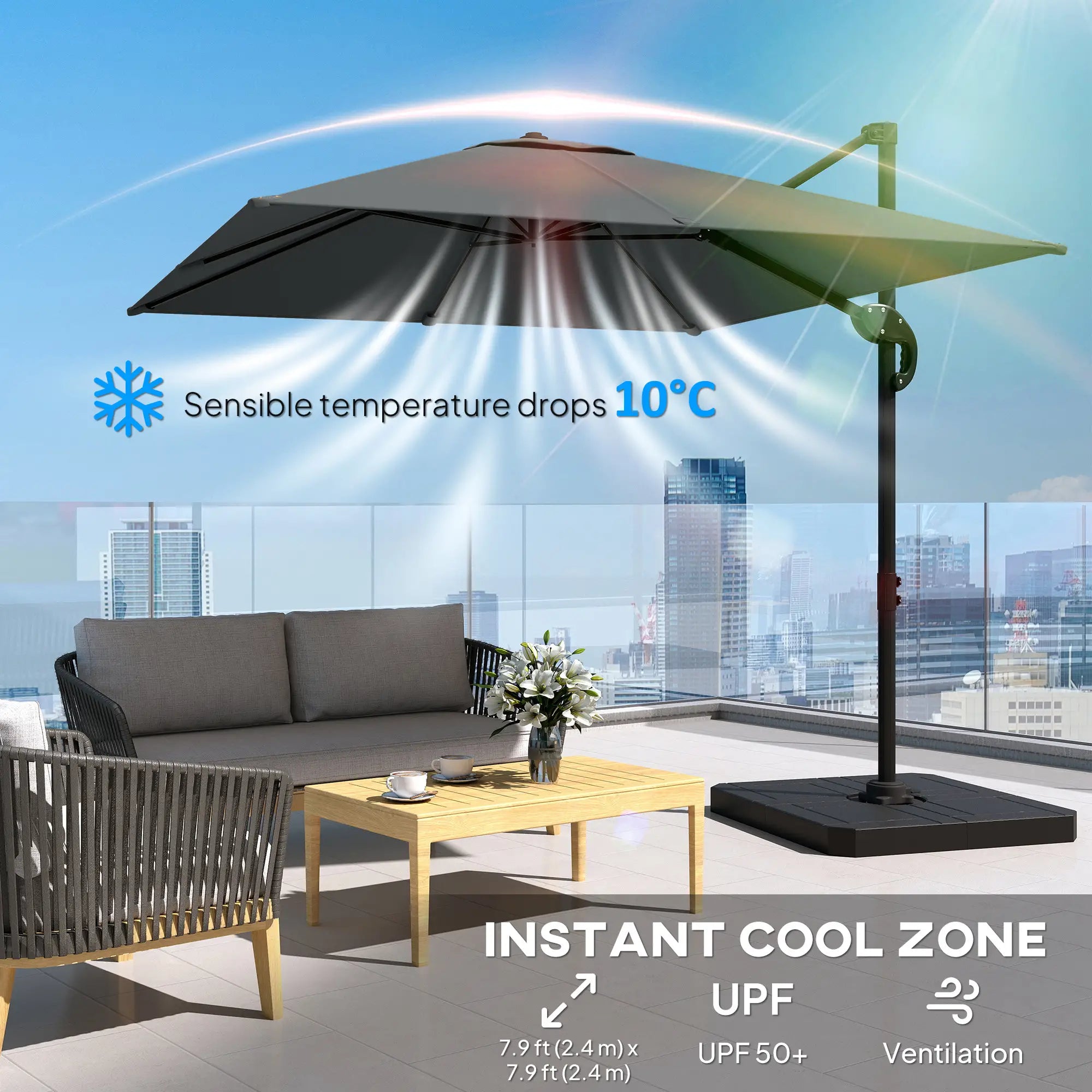 8' x 8' Offset Cantilever Patio Umbrella, UPF50+, 360° Rotation, Dark Grey Offset Cantilever Umbrellas at Gallery Canada
