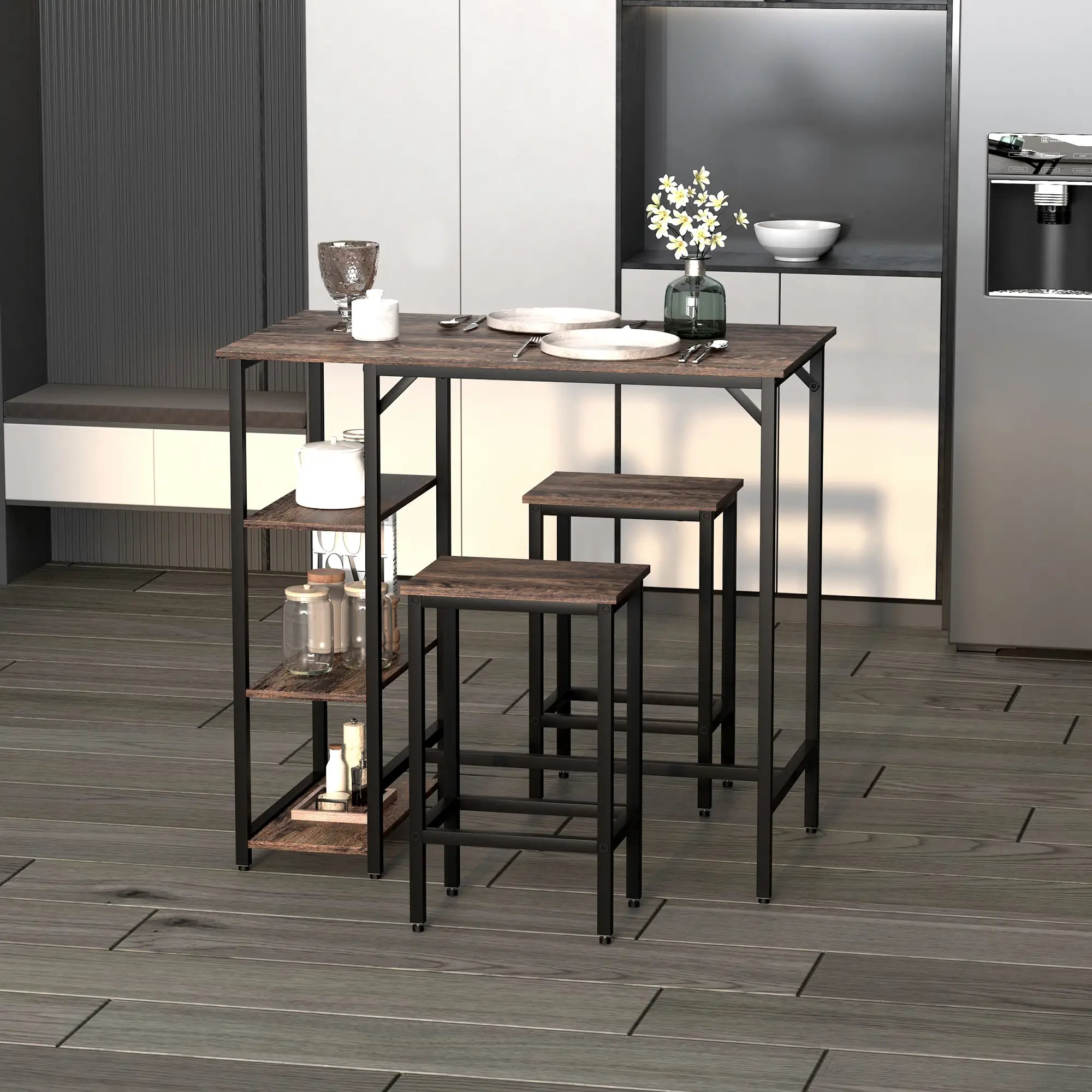 Industrial Dining Table Set for 2, Counter Height, Rustic Brown, Brown Bar Sets at Gallery Canada