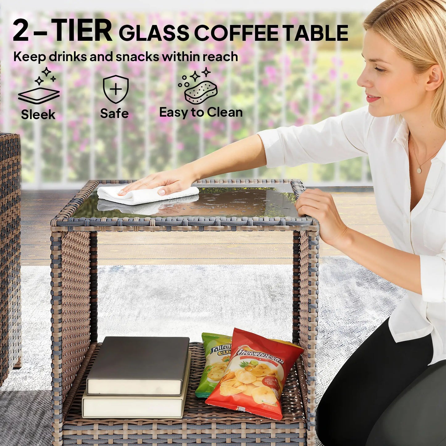 5 Piece Patio Set, Wicker Chairs With Ottomans, Glass Coffee Table, Brown/Dark Blue Patio Furniture Sets at Gallery Canada