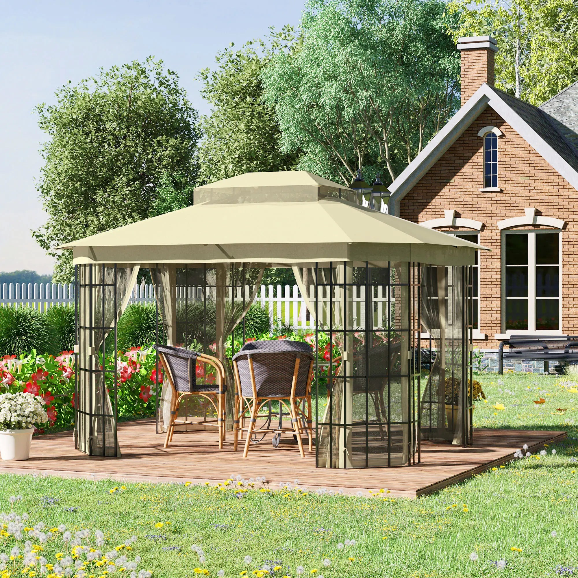 12'x10' Soft-Top Patio Gazebo, Steel Frame, Vented Roof, Mosquito Netting, Beige Gazebos at Gallery Canada