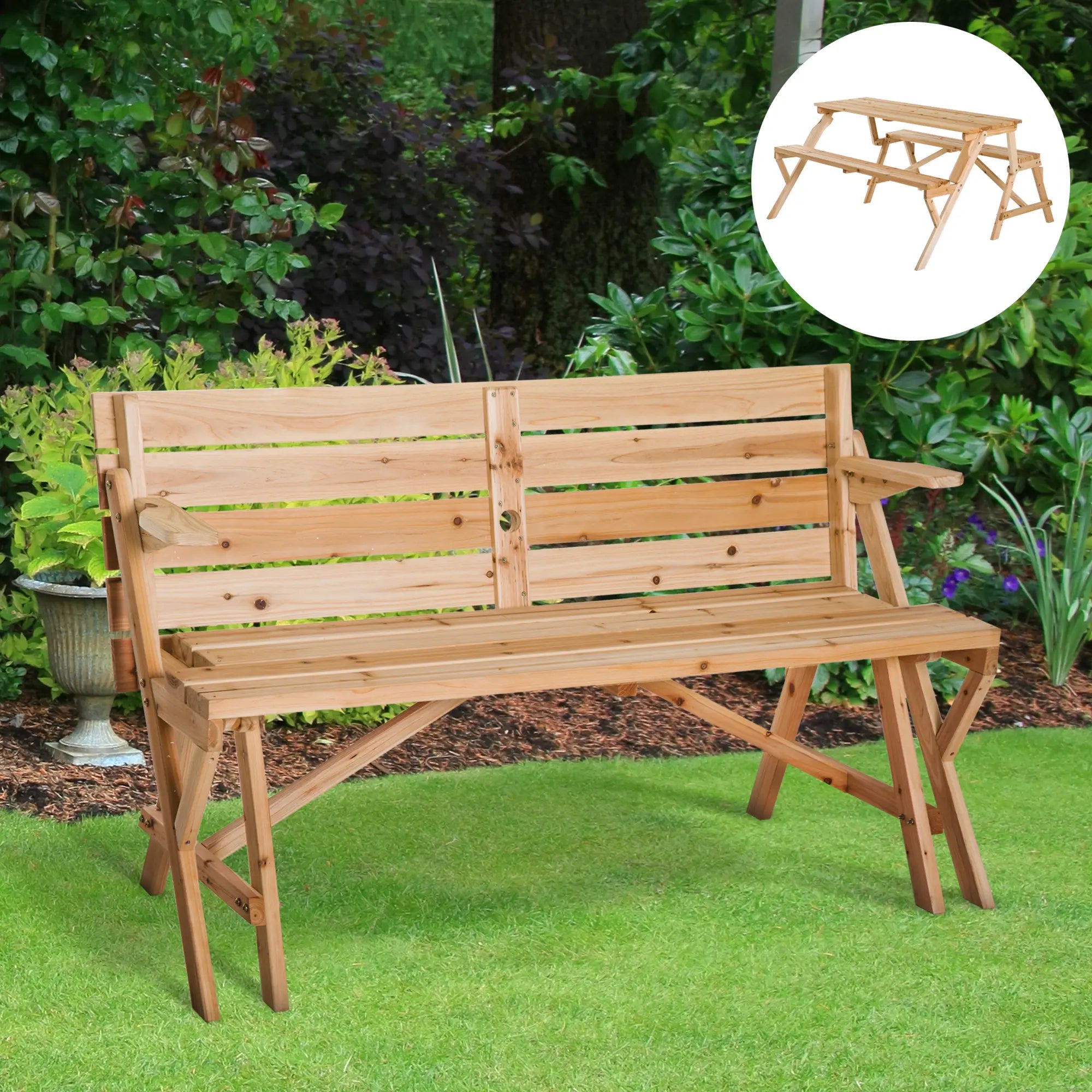 Wooden Folding Picnic Table with Benches, Outdoor Convertible Patio Garden Bench, Umbrella Hole Outdoor Dining Sets at Gallery Canada