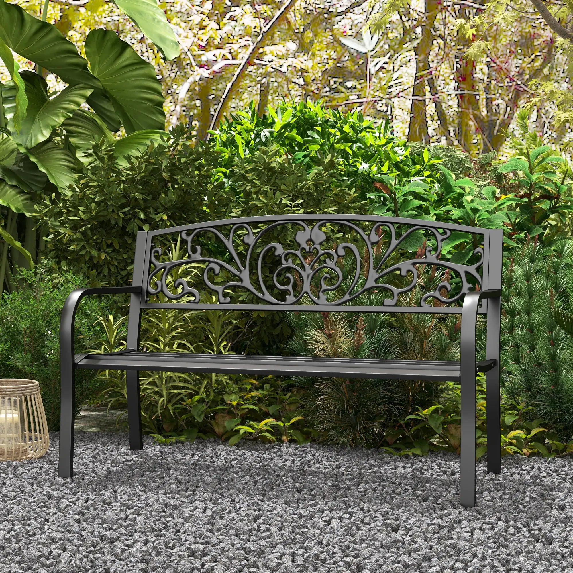 50 2-Seater Garden Bench, Outdoor Blossoming Pattern, Black Outdoor Benches at Gallery Canada