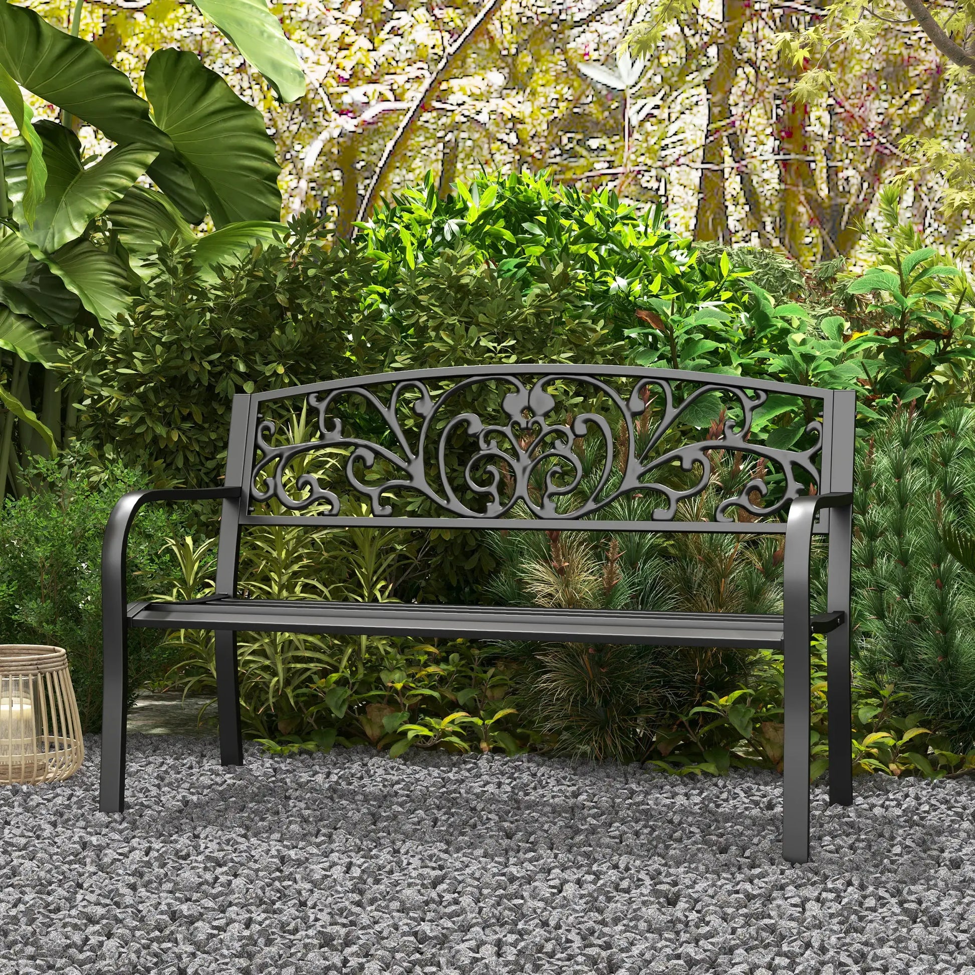 50 2-Seater Garden Bench, Outdoor Blossoming Pattern, Black Outdoor Benches at Gallery Canada