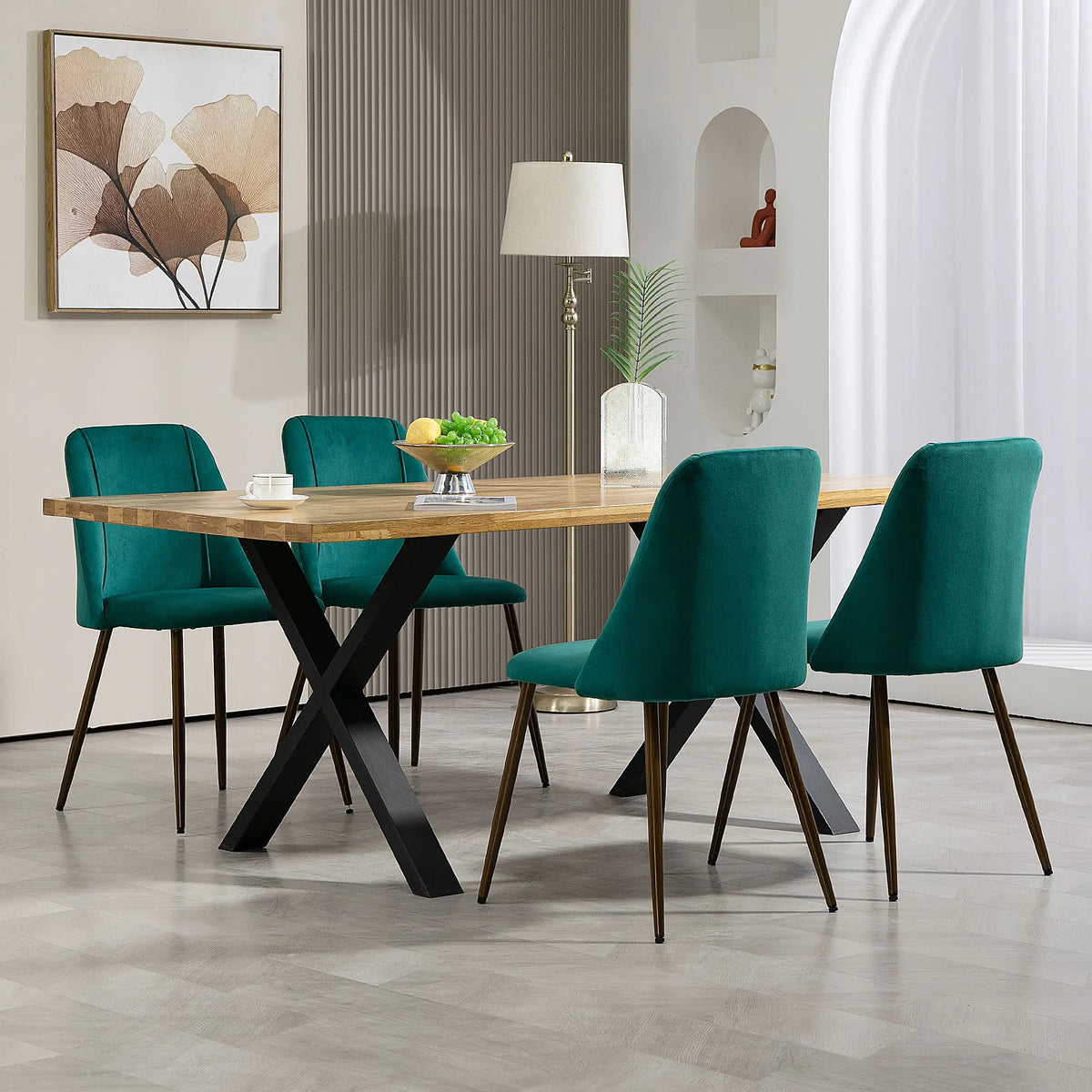 Upholstered Dining Chairs Set of 4, Velvet, Wood-Grain Steel Leg, Green