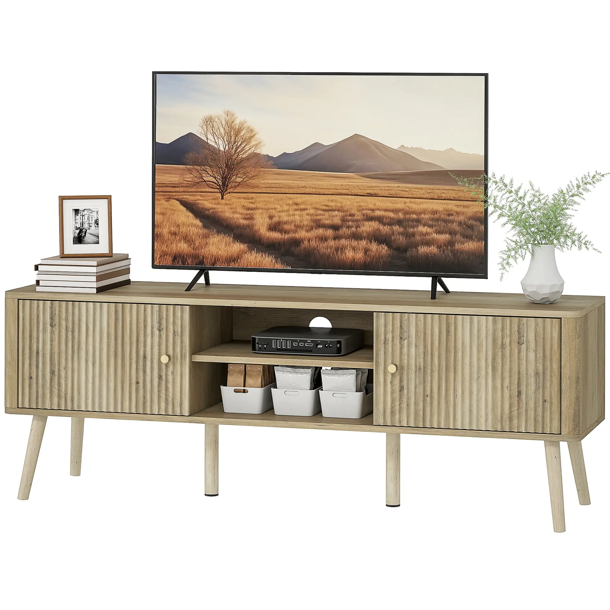 TV Stand for 65 Inch TV, Adjustable Shelves, Pine Wood Legs, Oak TV Stands Oak at Gallery Canada