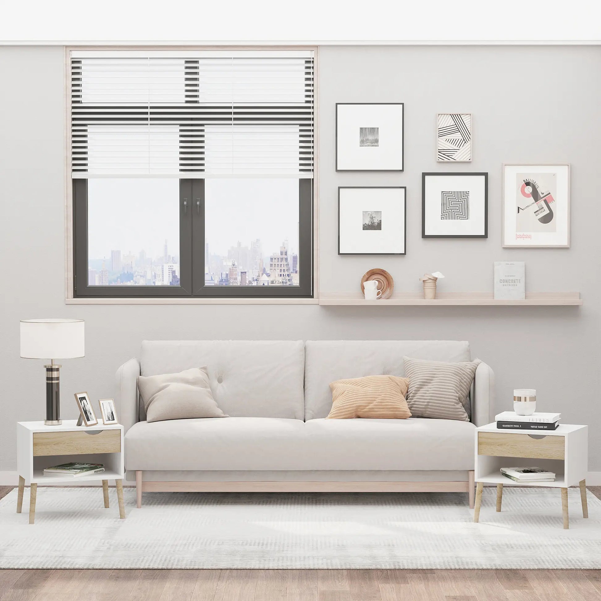 Set of 2 Bedside Tables, Modern Nightstand with Drawer, Shelf, White Bedside Tables at Gallery Canada