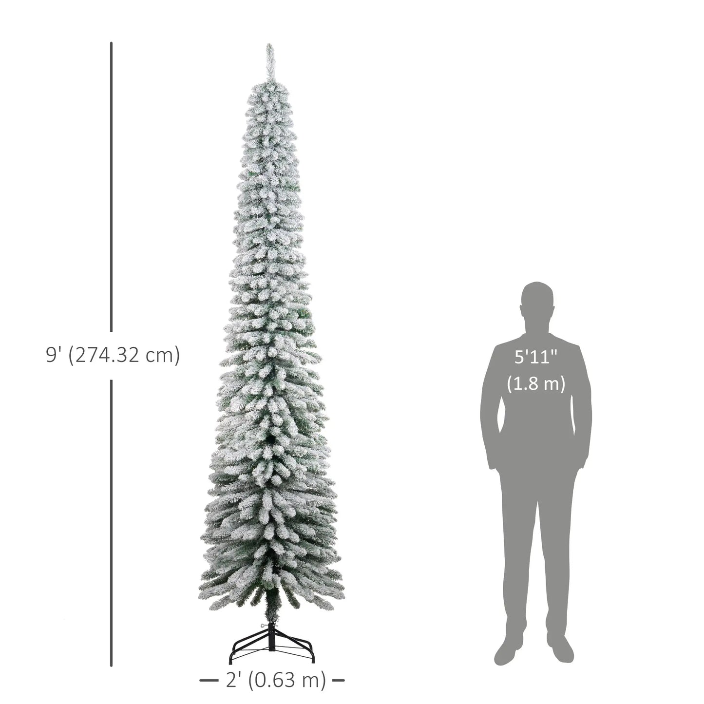 9ft Snow-Flocked Artificial Christmas Tree, Slim Pencil, Metal Base, Green Flocked Christmas Trees at Gallery Canada