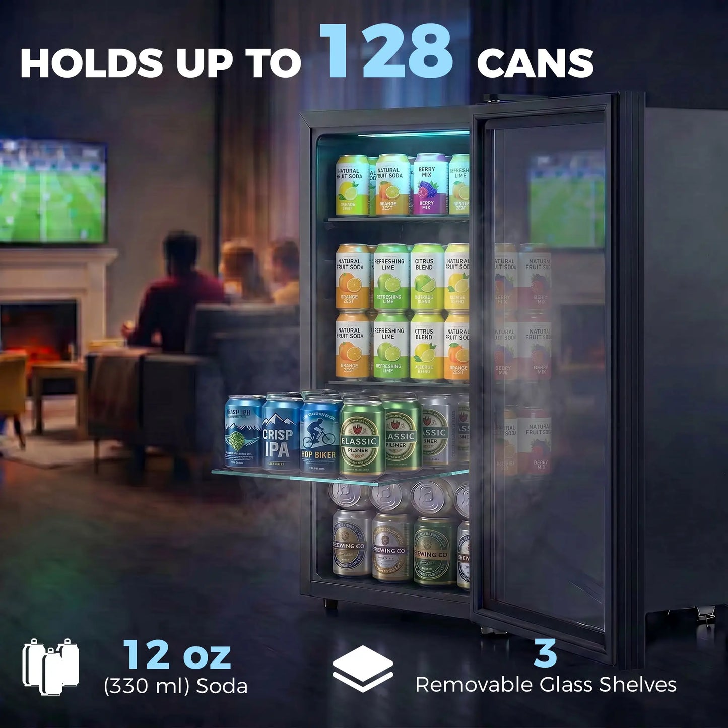 3.2 Cu.Ft Beverage Fridge, 128 Can, Glass Door, Black