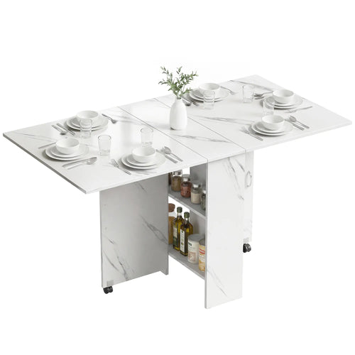 Extendable Dining Table, Marble White, Collapsible With Shelves, White