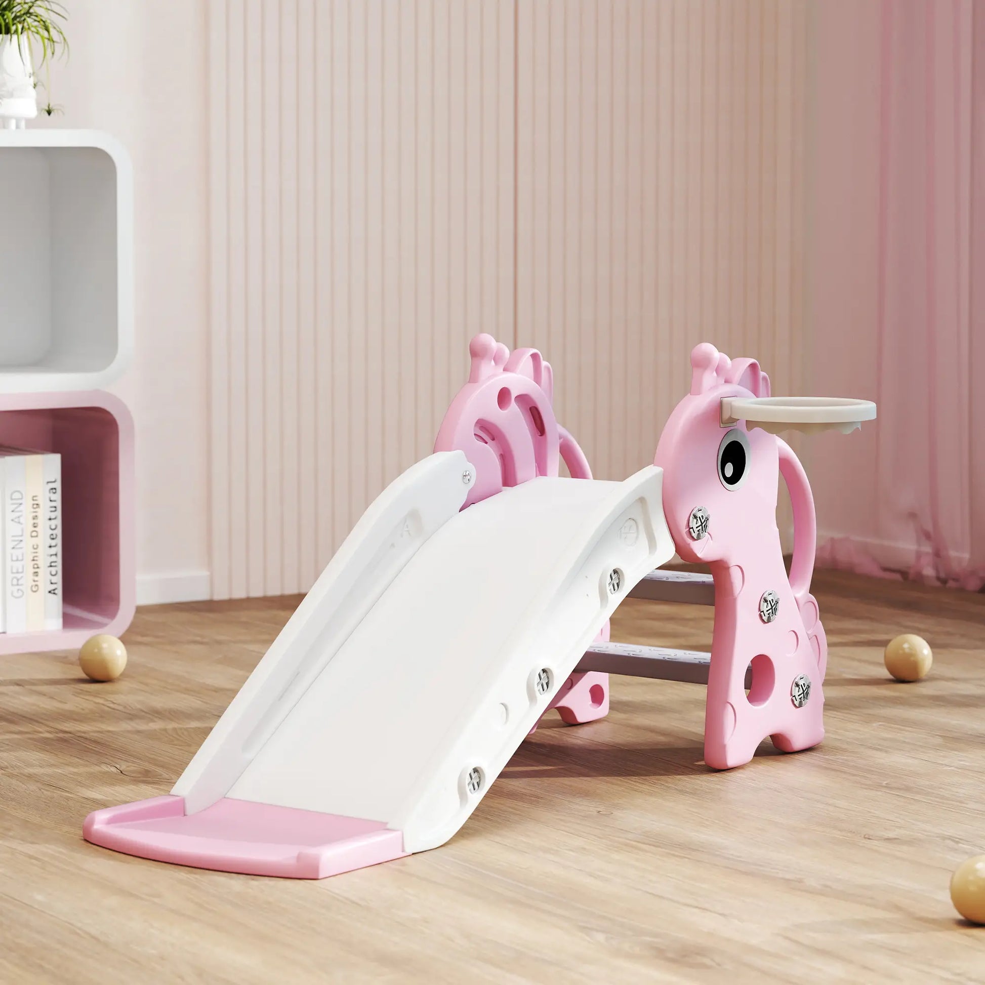 3 in 1 Toddler Slide, Climber, Basketball Hoop, Giraffe Design, Pink Gym Sets & Swings at Gallery Canada