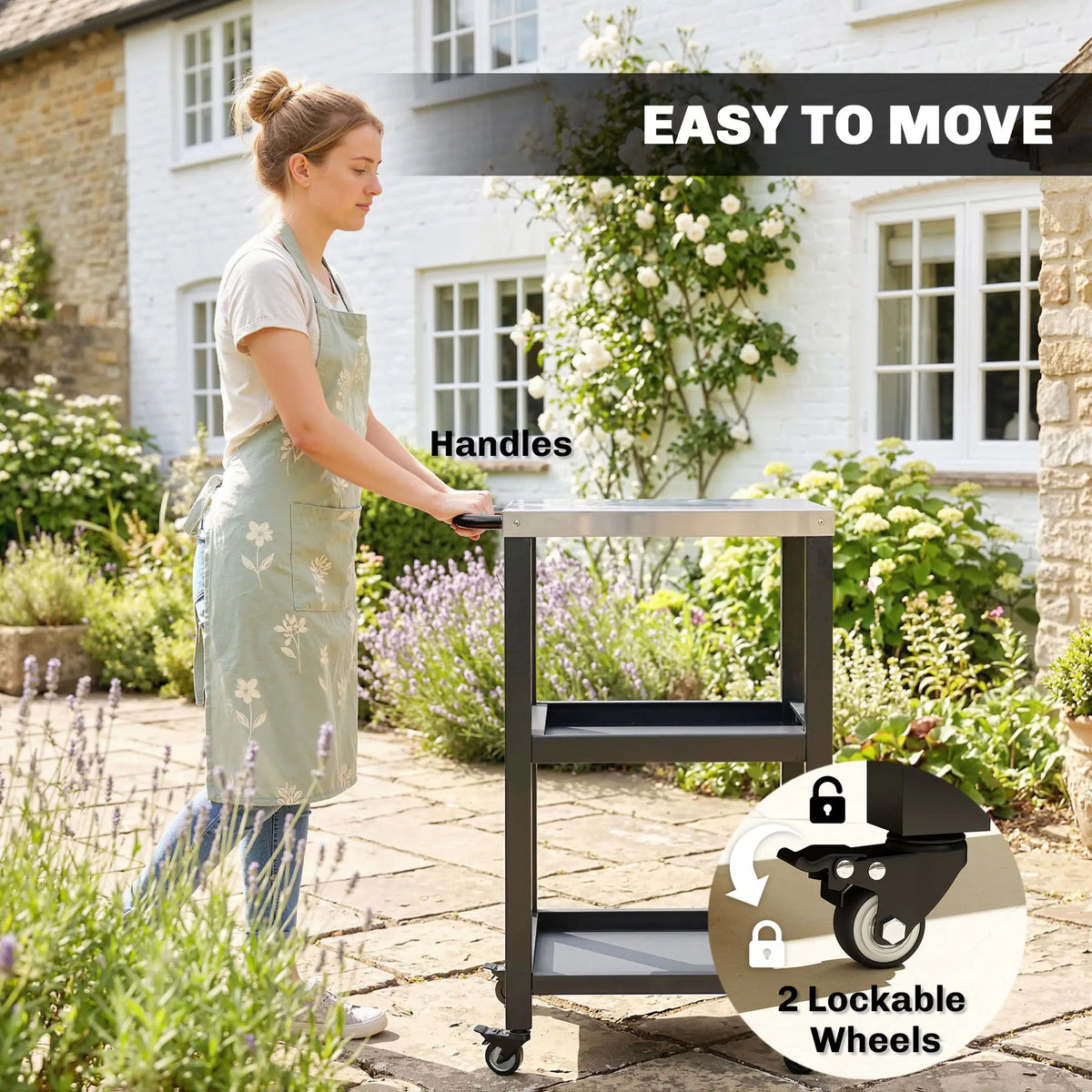 Outdoor Grill Cart, Stainless Steel Tabletop, 2 Shelves, Lockable Wheels