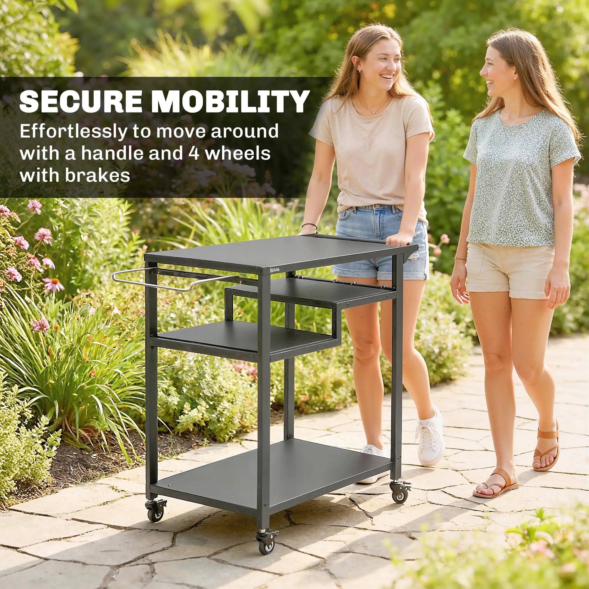 Outdoor Grill Cart, Three-Shelf Pizza Oven Stand With Hooks, Wheels, Black Outdoor Grill Carts at Gallery Canada
