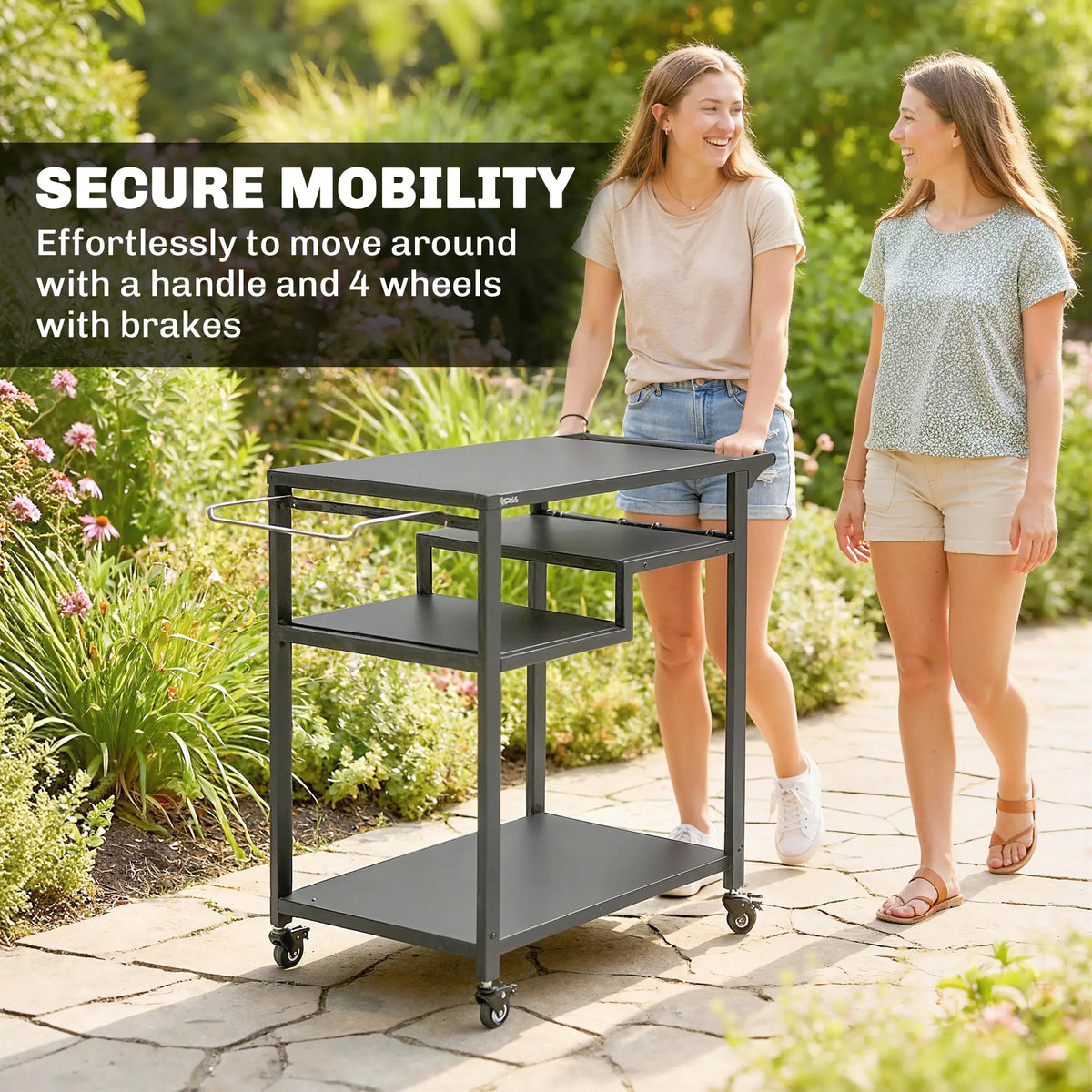 Outdoor Grill Cart, Three-Shelf Pizza Oven Stand With Hooks, Wheels, Black Outdoor Grill Carts at Gallery Canada