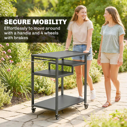 Outdoor Grill Cart, Three-Shelf Pizza Oven Stand With Hooks, Wheels, Black Outdoor Grill Carts at Gallery Canada