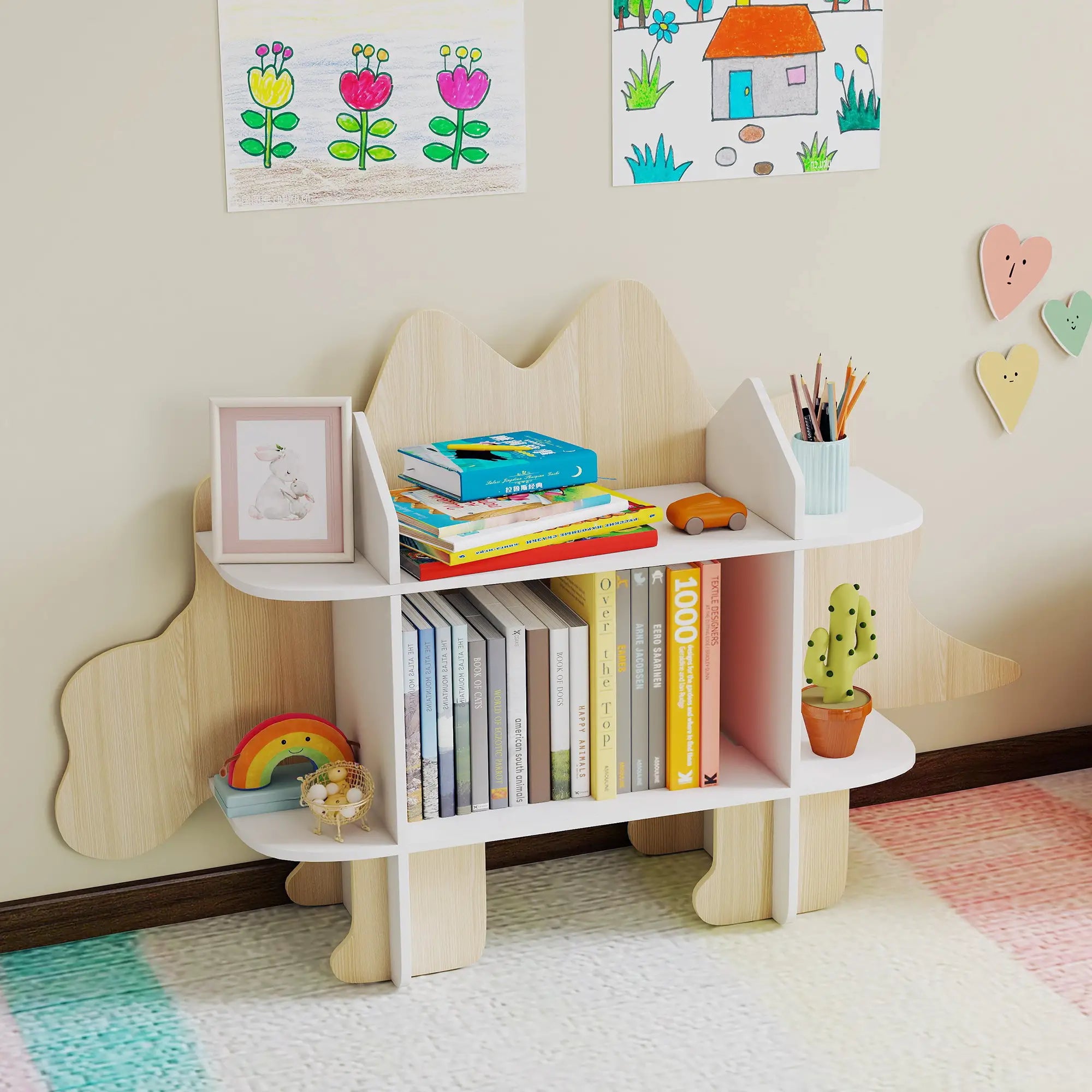 Dinosaur Kids Bookshelf, 2 Tier Bookcase, Natural Bookshelves & Bookcases at Gallery Canada