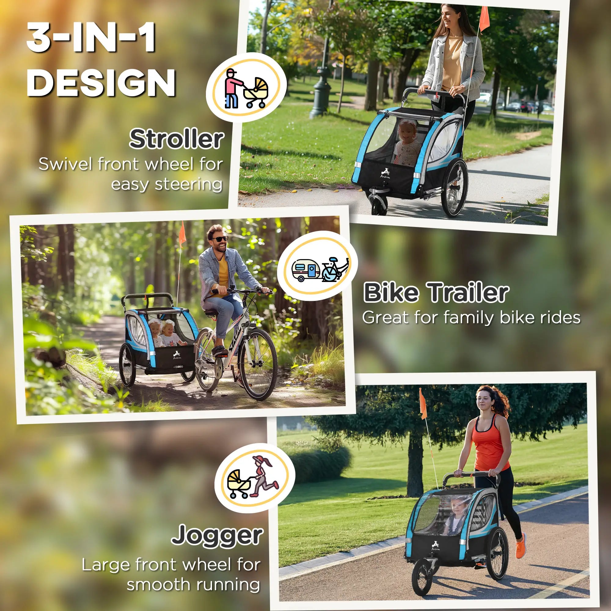 3-In-1 Bike Trailer, 2 Seats, 5-Point Harness, Storage, Blue Kids Bike Trailers at Gallery Canada