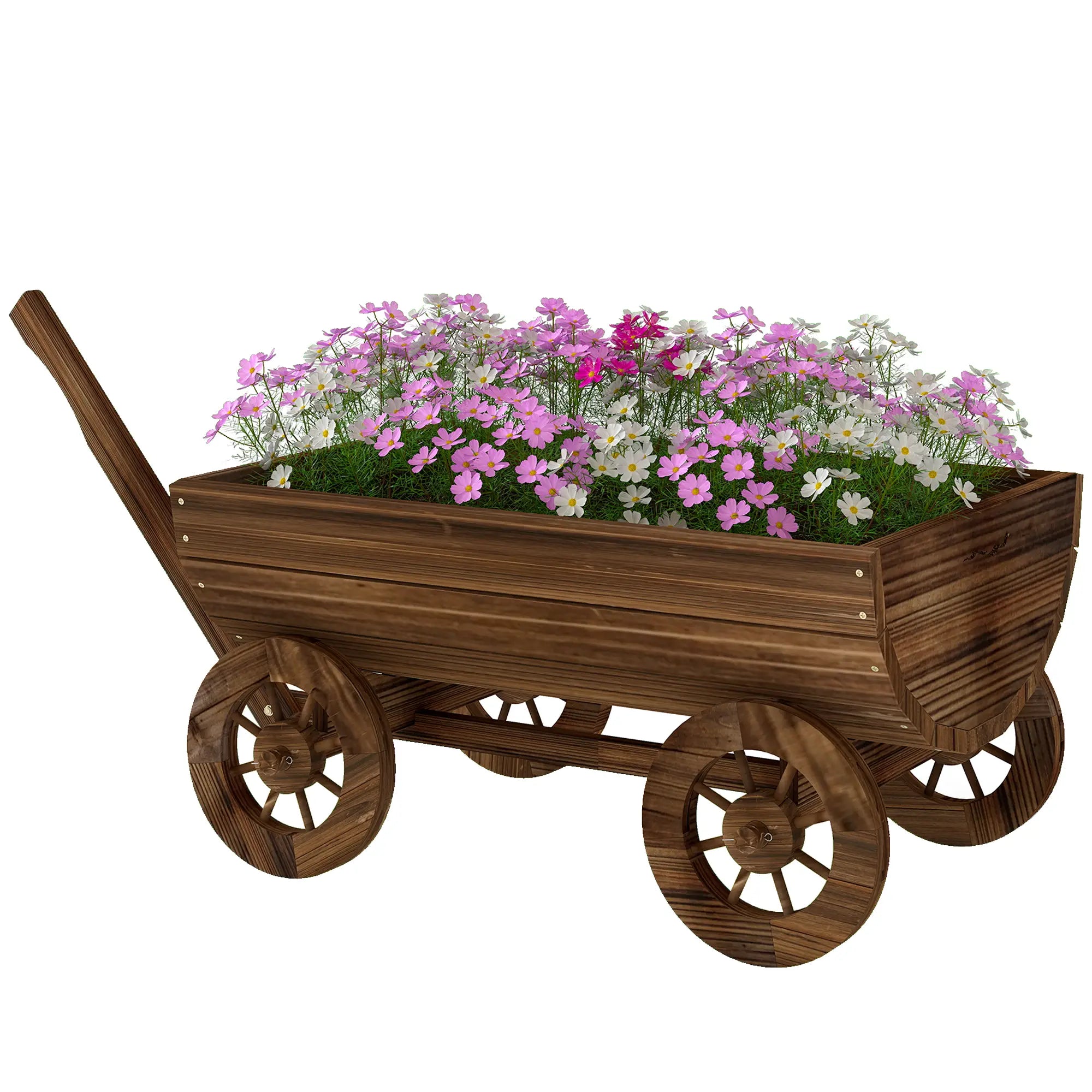 Wooden Wagon Planter Box, Mobile Garden Planter With 4 Wheels Raised Garden Beds Carbonized at Gallery Canada