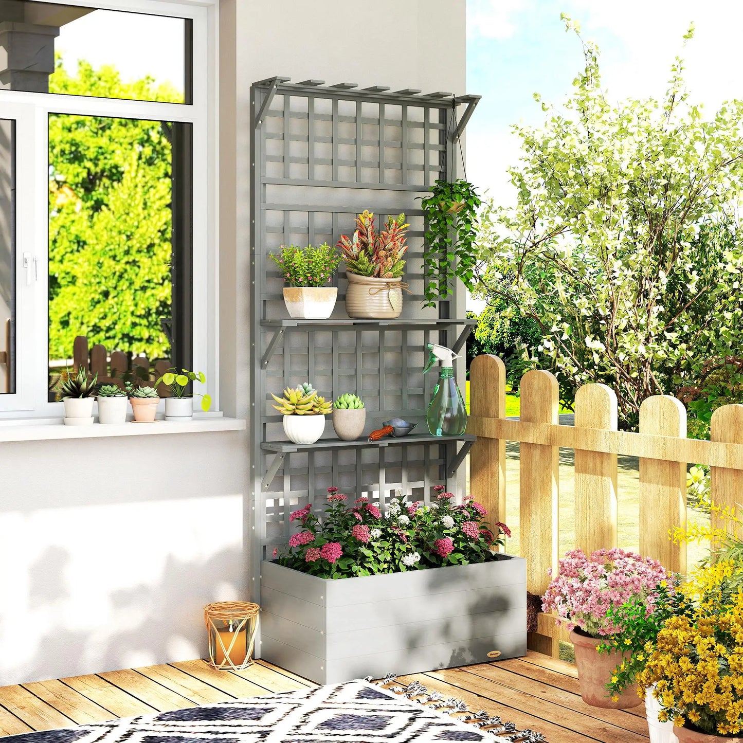 Wooden Raised Garden Bed With Trellis, Roof, 2 Shelves, Grey Wooden Planter Boxes at Gallery Canada