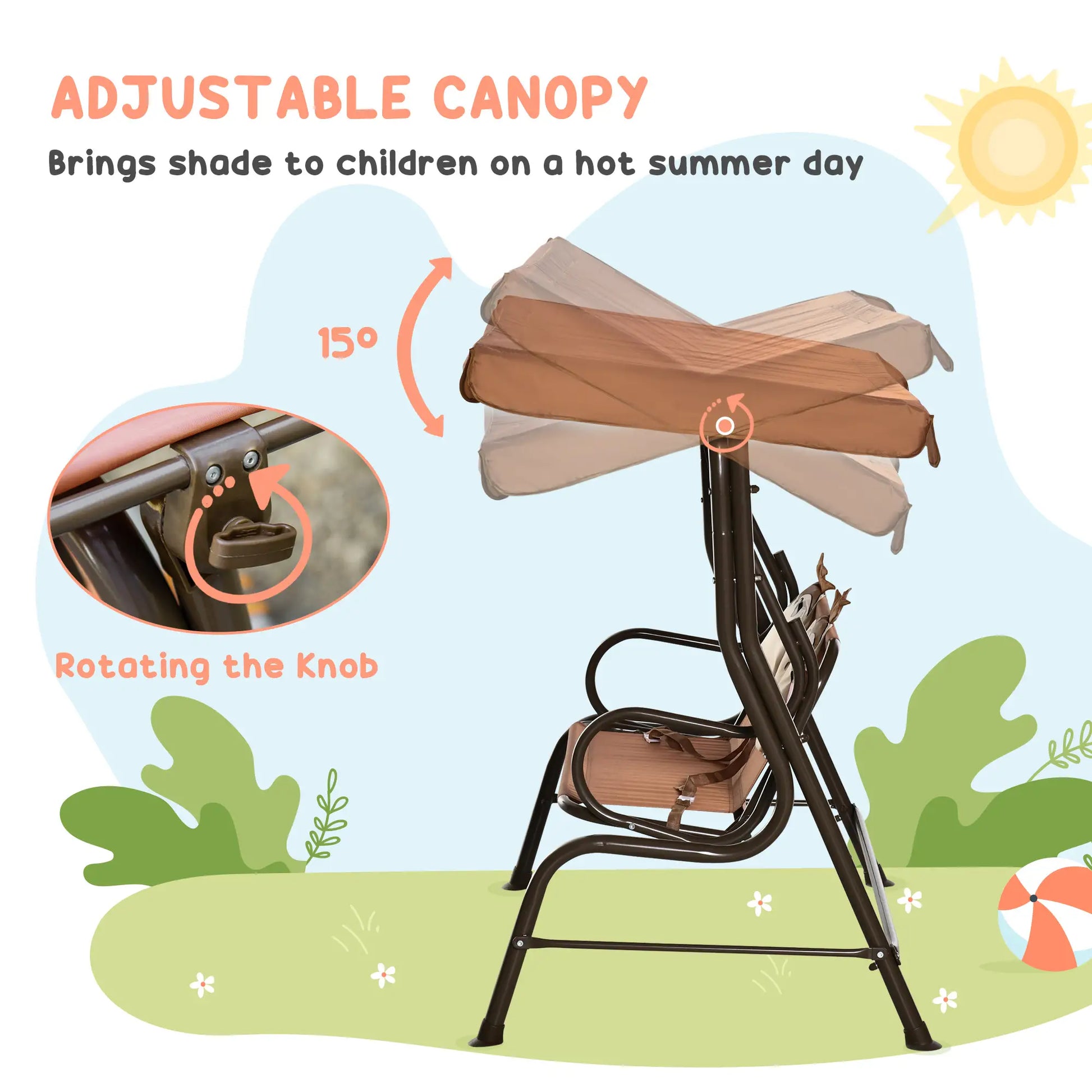 2-Seat Kids Porch Swing, Adjustable Canopy, Seat Belt, Monkey Pattern, 3-6 Years, Coffee Gym Sets & Swings at Gallery Canada