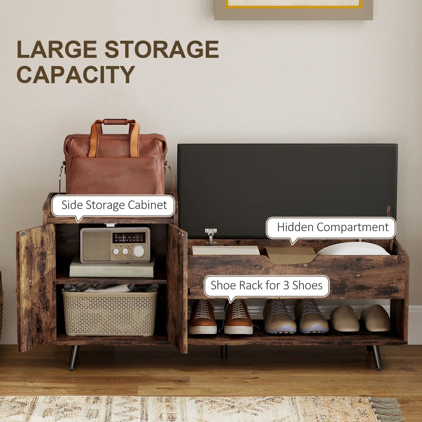 Storage Bench with Cushion, Hidden Compartments, Rustic Brown Shoe Storage Cabinets & Racks at Gallery Canada