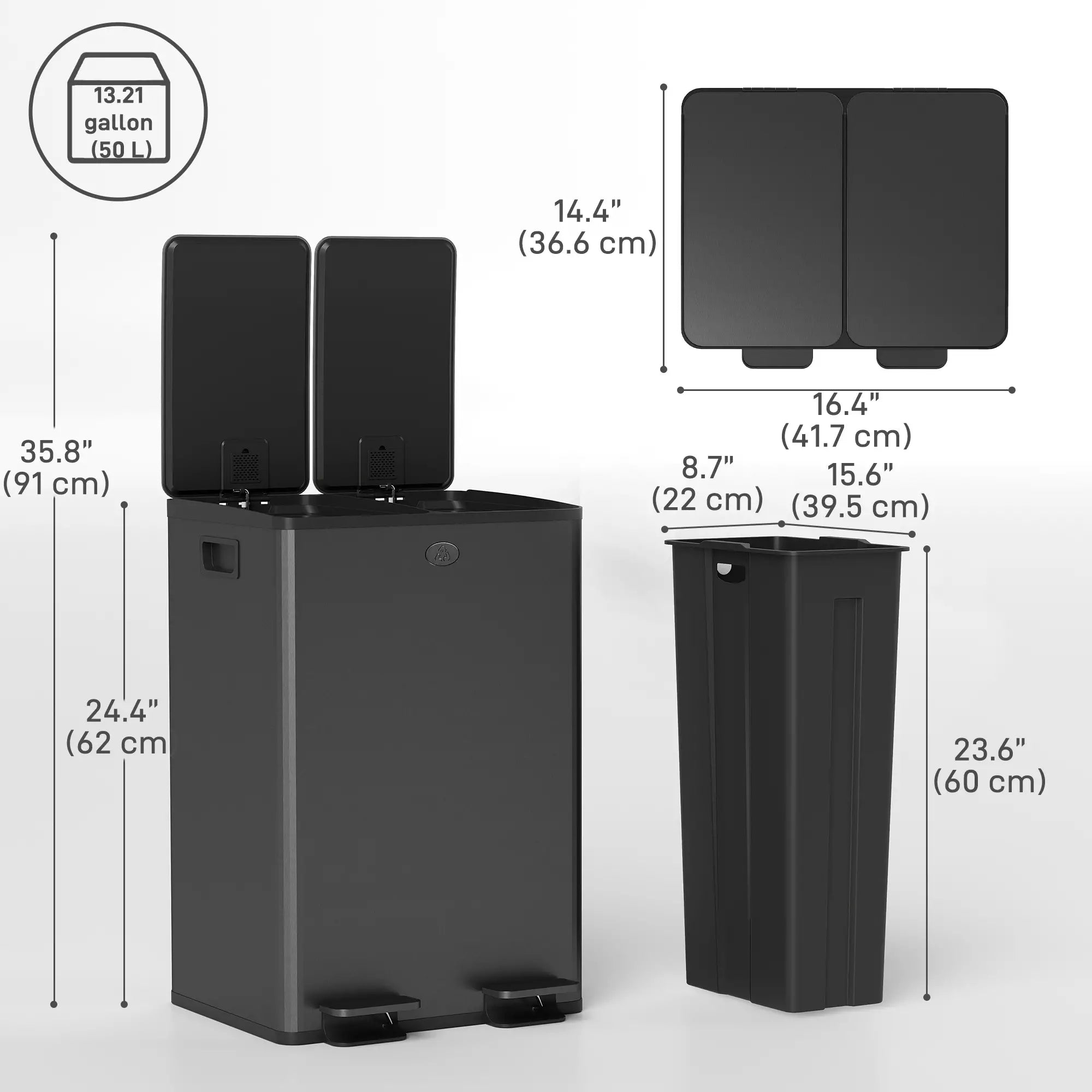 Dual Garbage Bin, Soft Close Trash Can, 2 x 28 Liter, Black Household Supplies at Gallery Canada